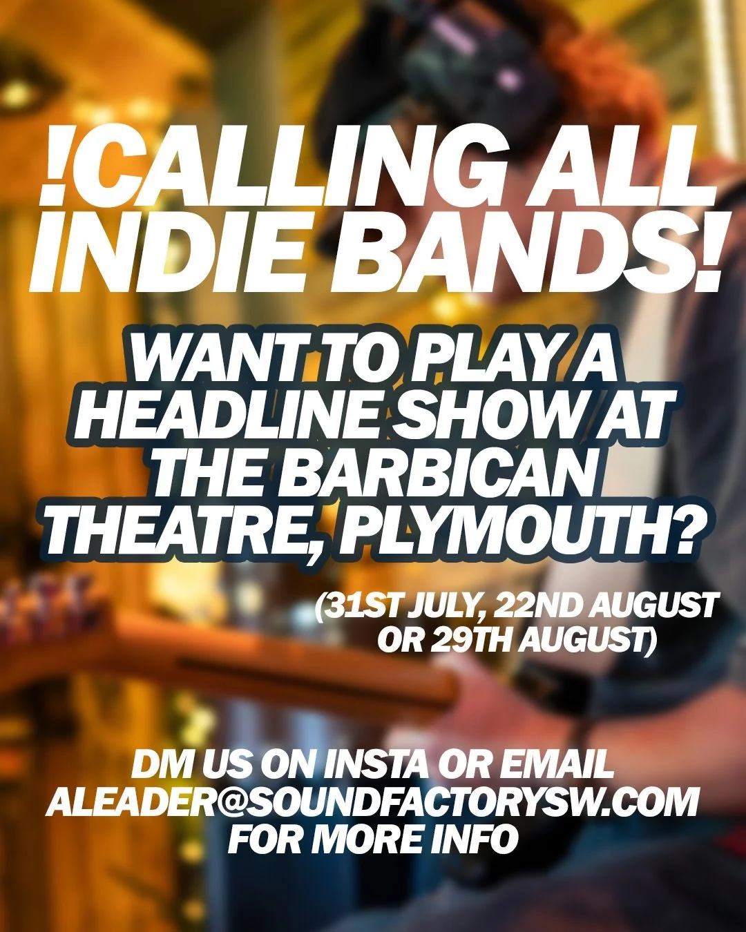 Only a few headline slots left this Summer for the bar stage at @barbican_theatre ‼️ 

Indie bands - DM us or email Anna aleader@soundfactorysw.com if you&rsquo;re interested in a headline slot on this incredible stage on Plymouth&rsquo;s Barbican 🌊