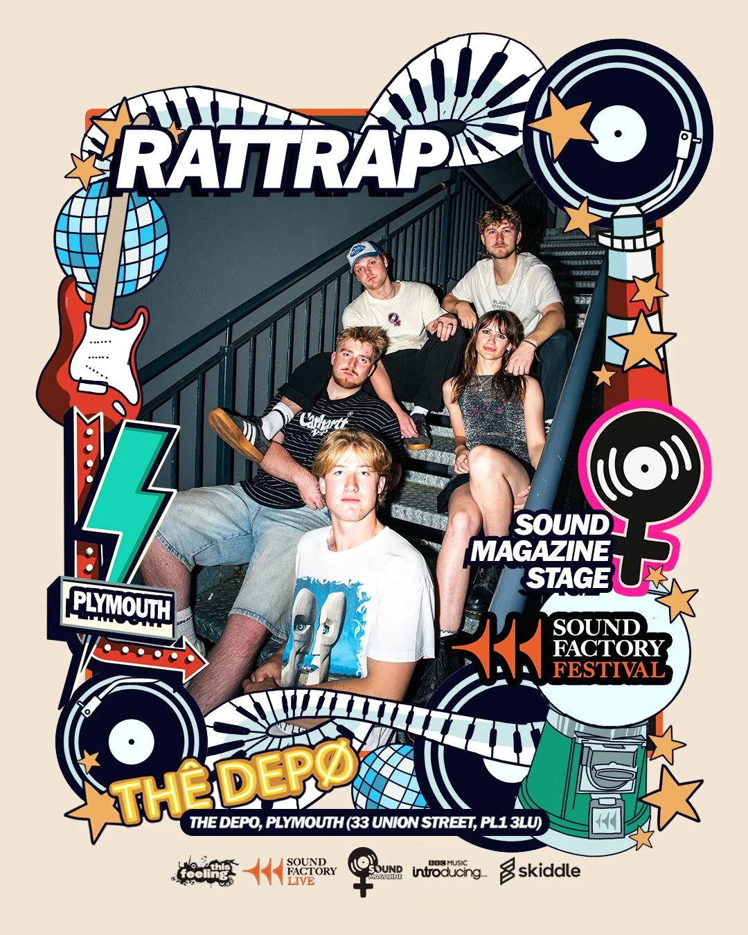 RatTrap are a Plymouth-based five piece that draw on influences including Arctic Monkeys, The Royston Club and The Mysterines. The band draw a lot of sonic inspiration from lead singer Tommy Frost’s upbringing in the North. Hits include ‘She Likes Yo