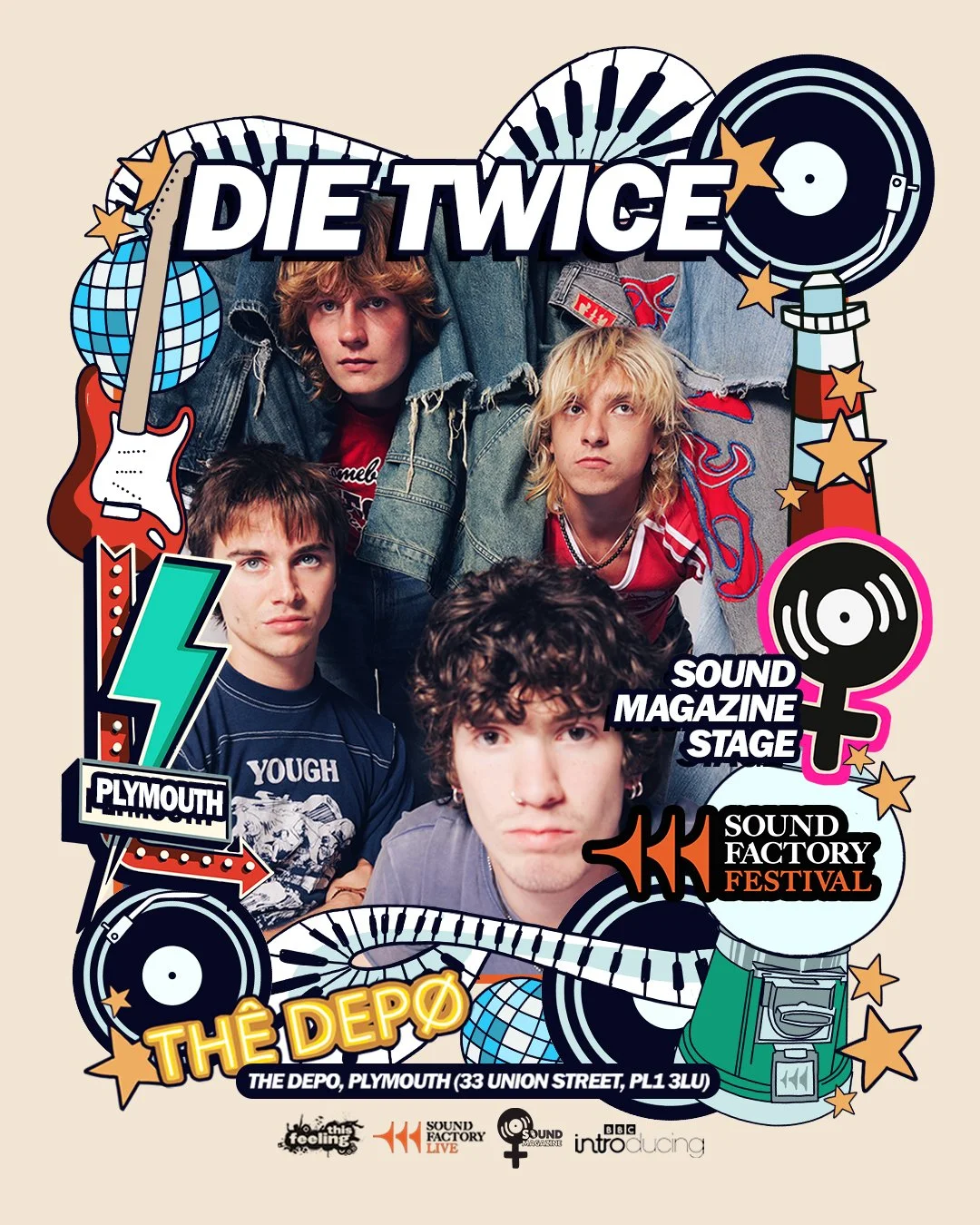 Ones to catch before they make it big. Die Twice are redefining band culture in a modern world disillusioned with modern landscapes. Olly Bayton, Billy Twamley, Finn ‘Blue’ Lloyd and Jake ‘Fig’ Coles combine romantic absurdity, the edge of The Doors 