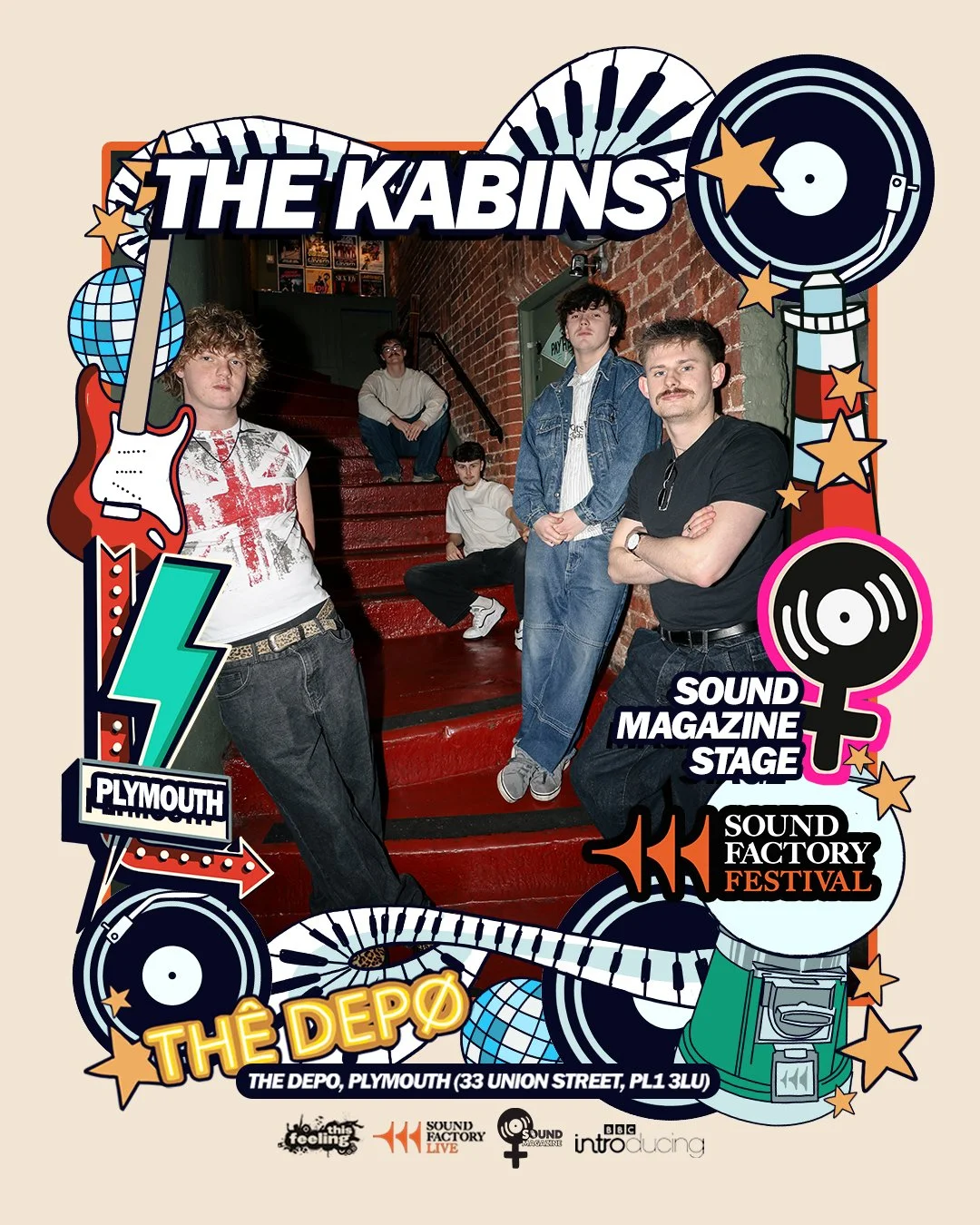 South West indie rockers The Kabins are a five-piece built on big hooks and guitar-driven momentum. Fronted by Todd Gilronan’s smooth vocals and backed by dual guitars, driving bass and relentless drums, their sound pulls from 90s Britpop with a mode
