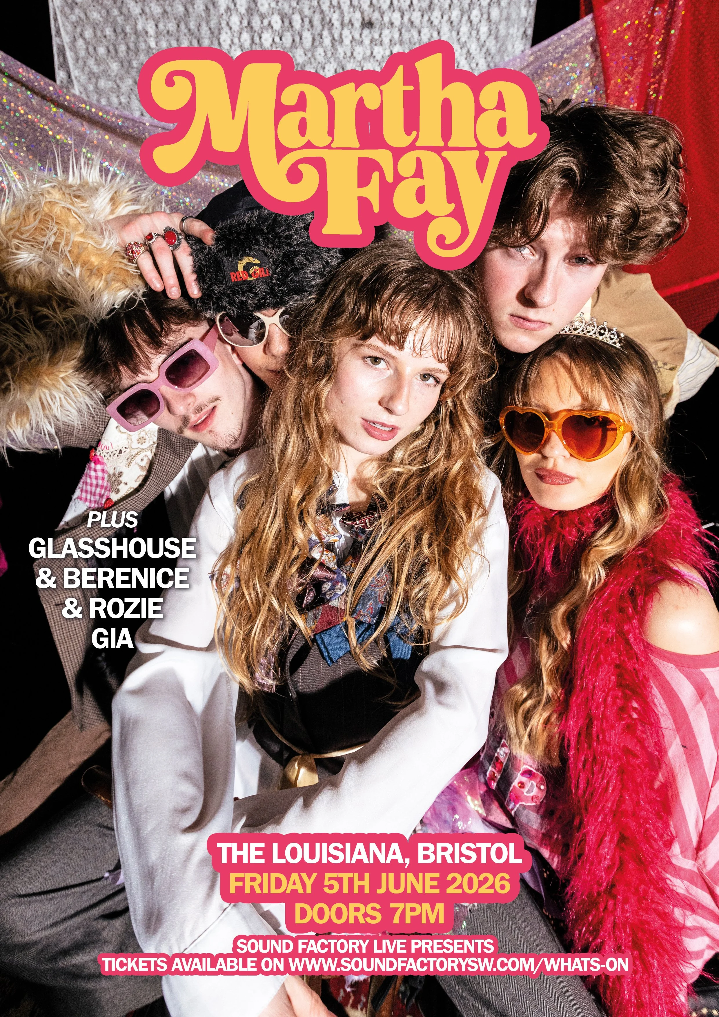 MARTHA FAY - 05.06.2026

Martha Fay and band take to The Louisiana on June 5th with support from Glasshouse, Berenice and Rozie Gia

The Louisiana in Bristol

7:00pm til 11:45pm (Performance starts 7:15pm)

Minimum Age

18+