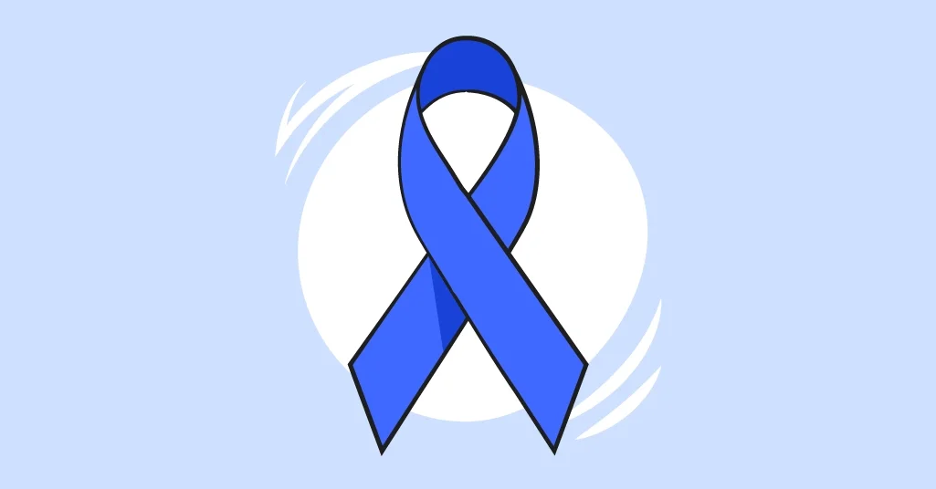 Blue awareness ribbon with a white background.