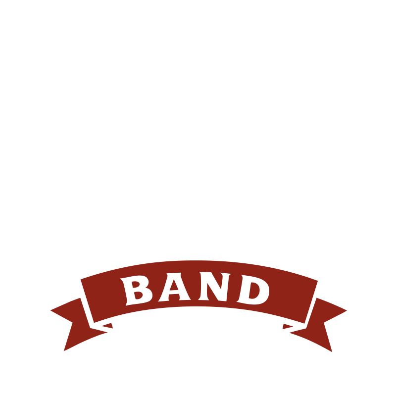 Side Fx Band logo, A badge with a guitar and red banner that says 'BAND' in white letters.