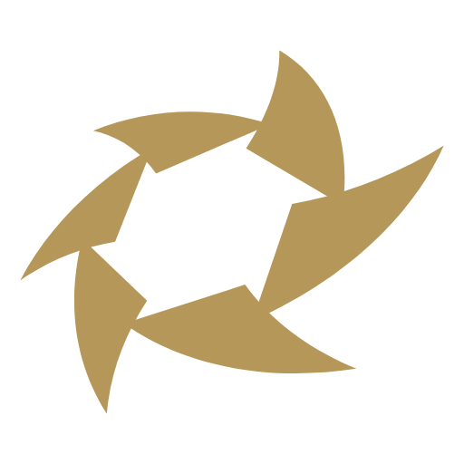 A circular abstract design with pointed, leaf-like shapes arranged in a clockwise pattern, forming a star shape in the center, in gold and black colors.