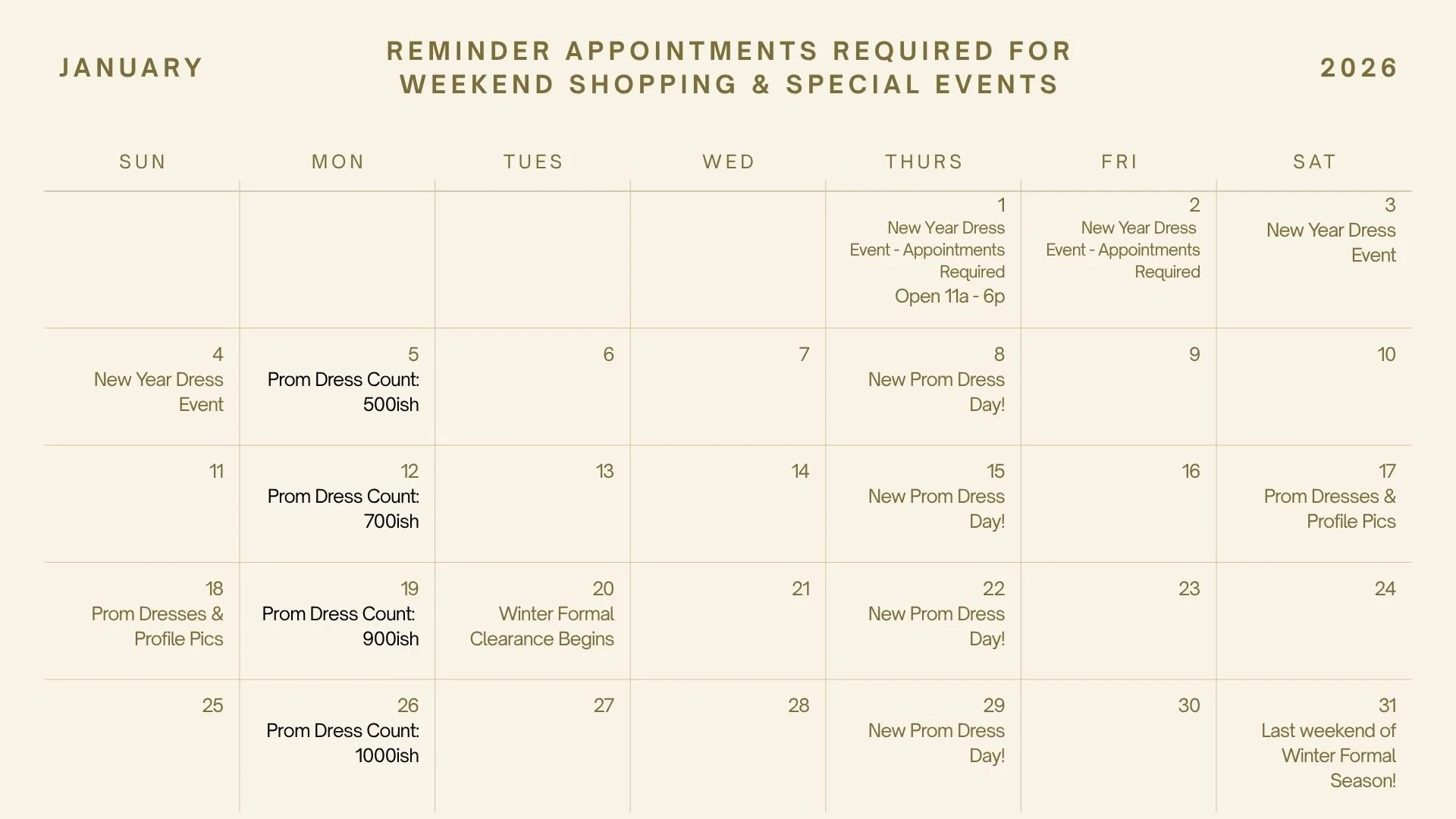 January calendar with reminders for weekend shopping and special events, including New Year Dress events, prom dress counts, prom dress info, and winter formal clearance, spanning from Jan 1 to Jan 31.