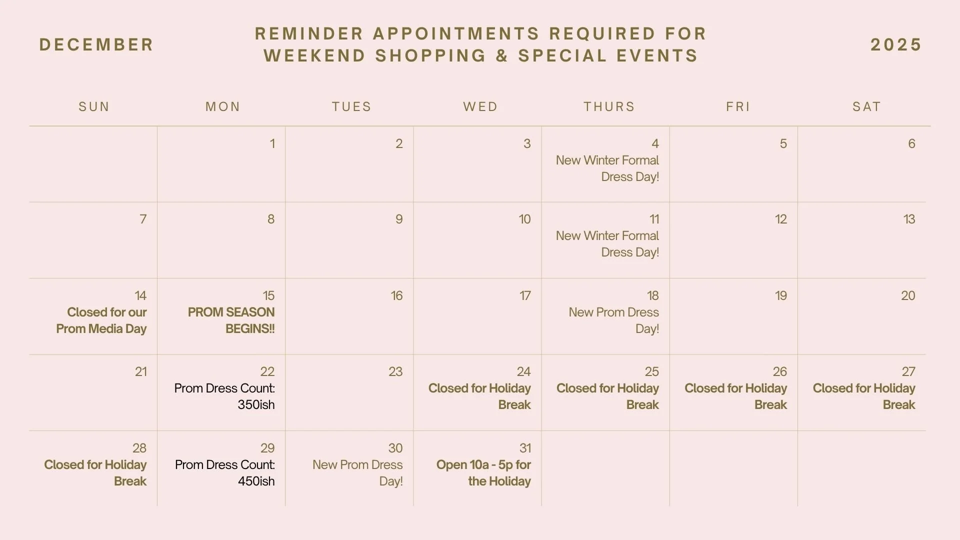 December calendar with notes about appointments and events, including dress days, prom season start, holiday breaks, and promotion of prom dress count.