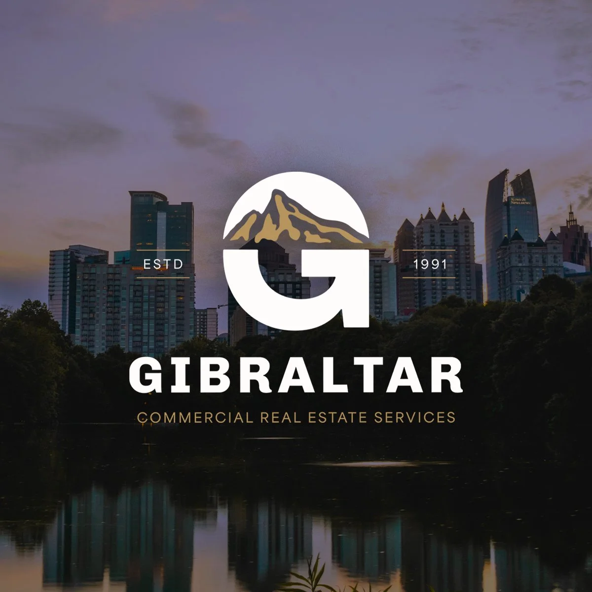 Gibraltar Light Primary Logo overlaid over the Atlanta skyline