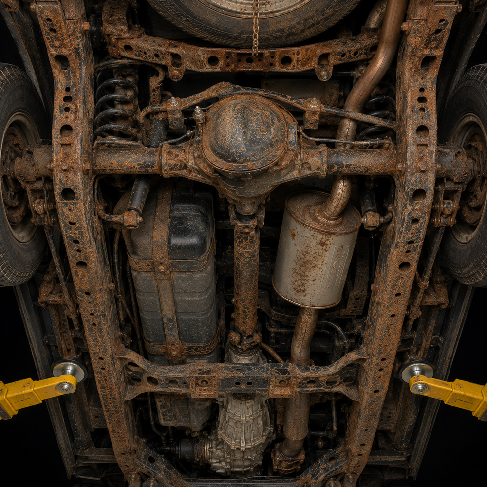 Vehicle underside with heavy rust across most surfaces
