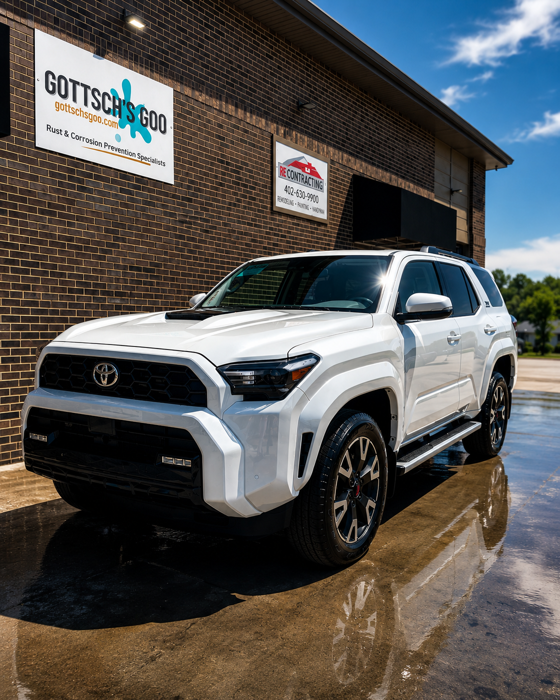 White Toyota 4Runner with a professionally applied ceramic coating outside Gottsch's Goo in Omaha, Nebraska.