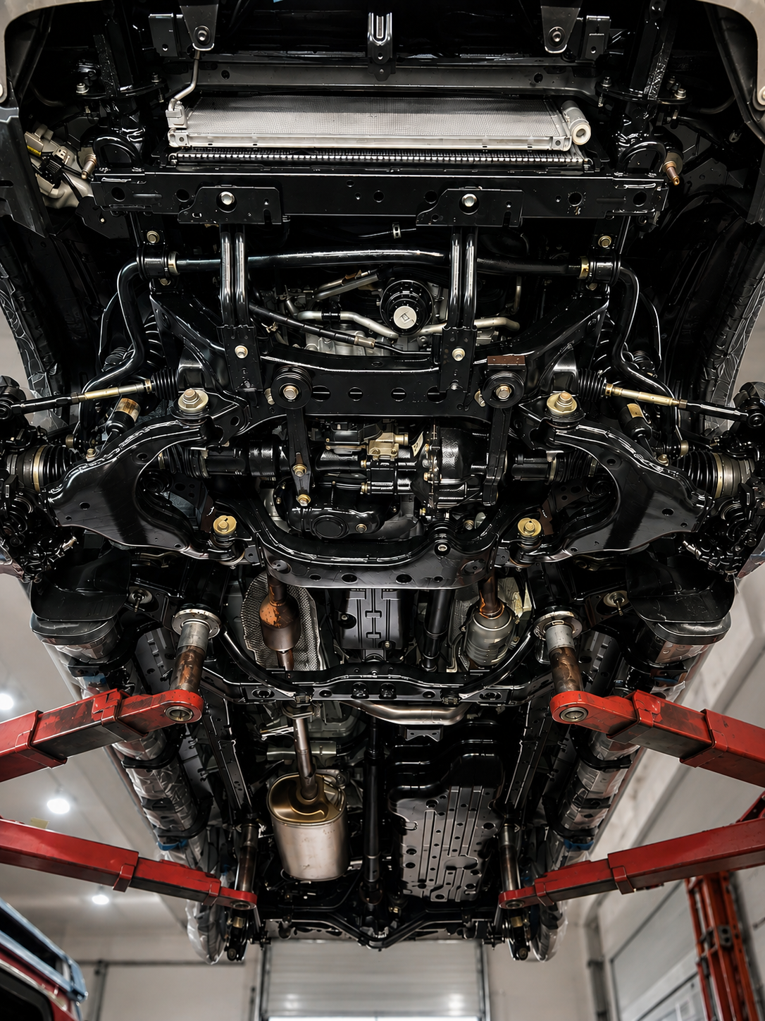 Vehicle underbody protected with a professional rust prevention coating showing suspension and frame components at Gottsch's Goo.