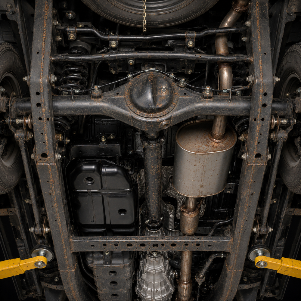 Vehicle underside with light surface rust in spots