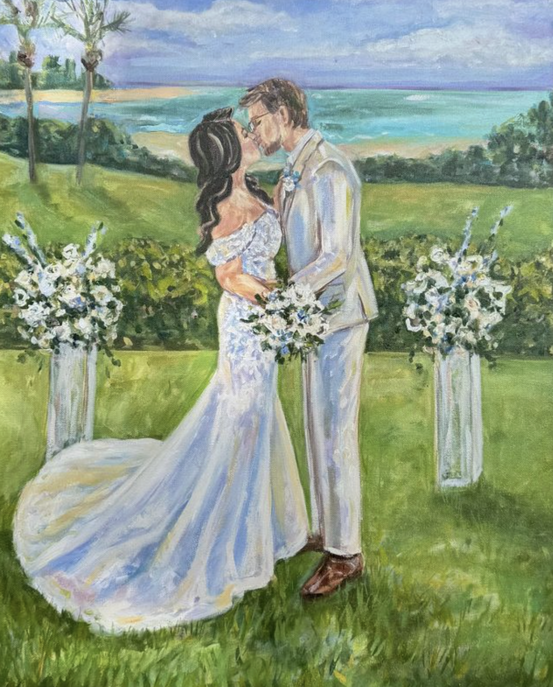 A painting of a bride and groom standing close, sharing a kiss during their wedding ceremony outdoors. The bride is in a white dress and holding a bouquet of flowers, while the groom is in a light-colored suit holding her hands. There are floral arra