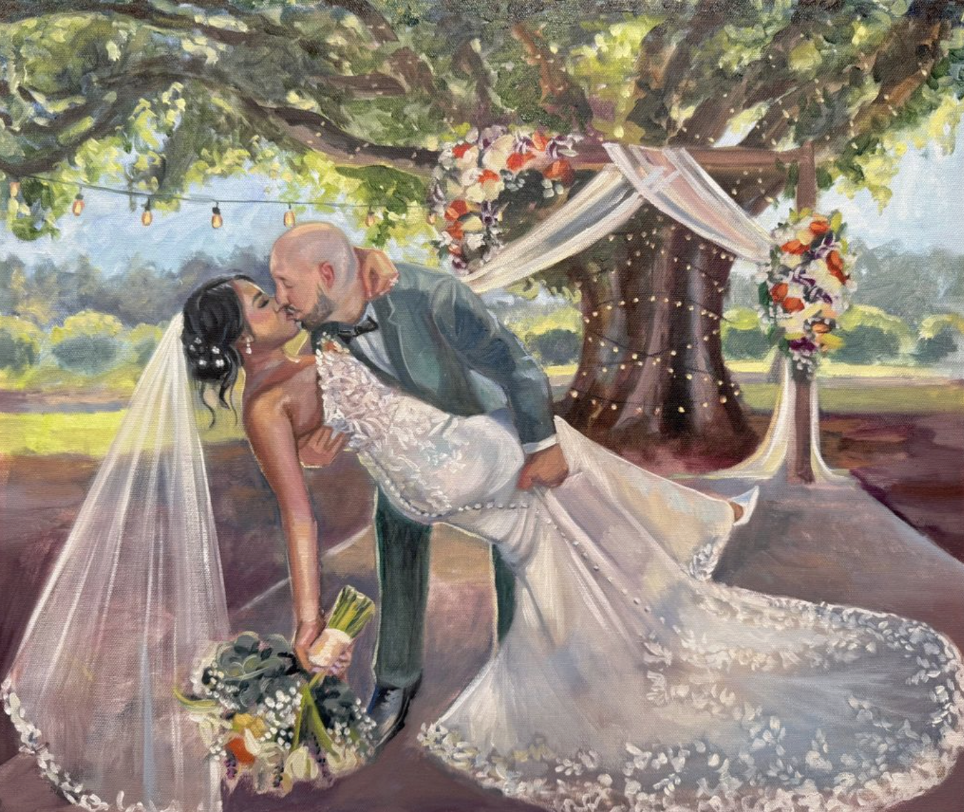 A painting of a bride and groom sharing a kiss under a decorated outdoor wedding arch with flowers and drapery, surrounded by greenery and string lights.