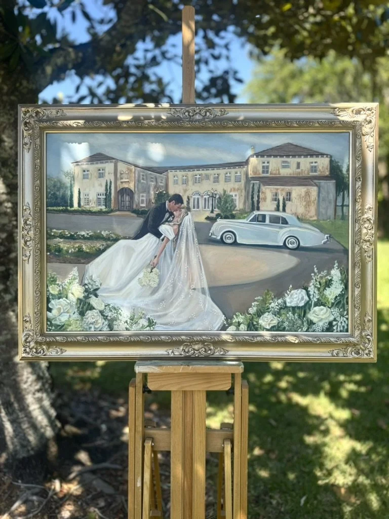 A painting of a wedding scene with a bride and groom kissing in front of a large estate, with a white vintage car parked nearby, surrounded by flowers.