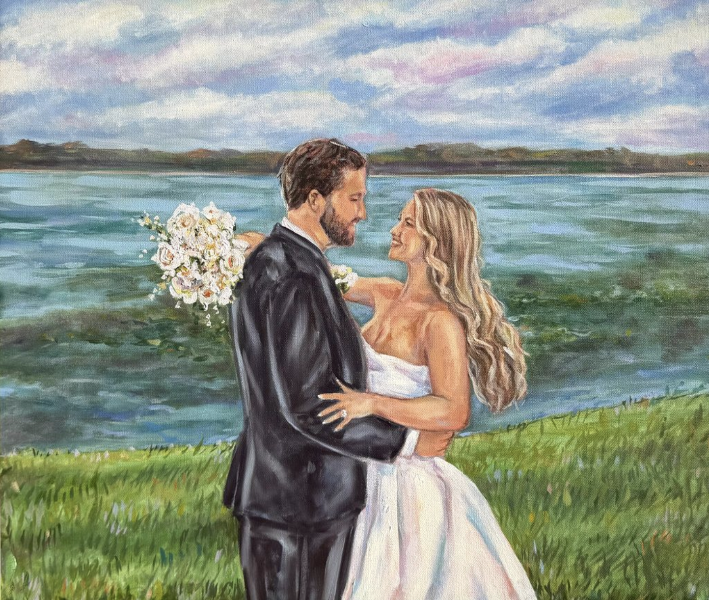 A painting of a bride and groom embracing near a body of water, with a cloudy sky and green grass in the background.