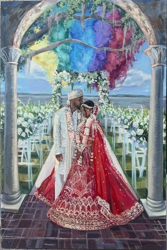 Painting of an Indian bride and groom standing outdoors on their wedding day under a white arch, surrounded by white flowers, with a rainbow smoke display in the background.