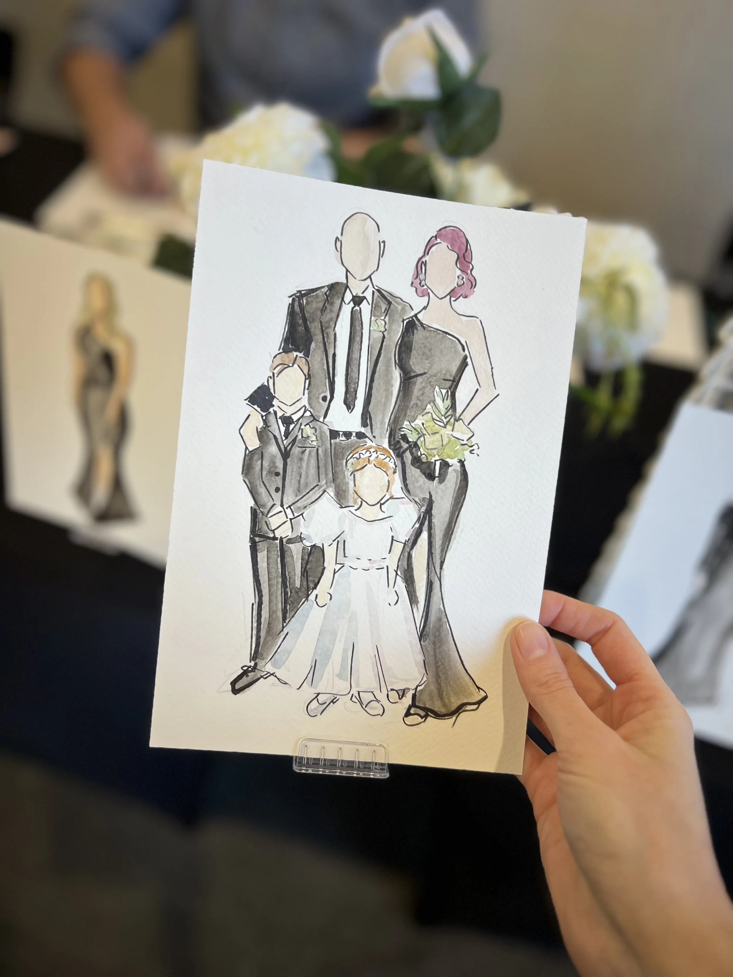 Watercolor illustration of a family of four dressed in formal attire, with a man in a suit, a woman in a long dress holding a bouquet, a young girl in a dress, and a boy in a suit, at a wedding reception.