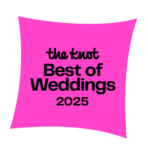 Pink graphic with black text that reads "the knot Best of Weddings 2025"