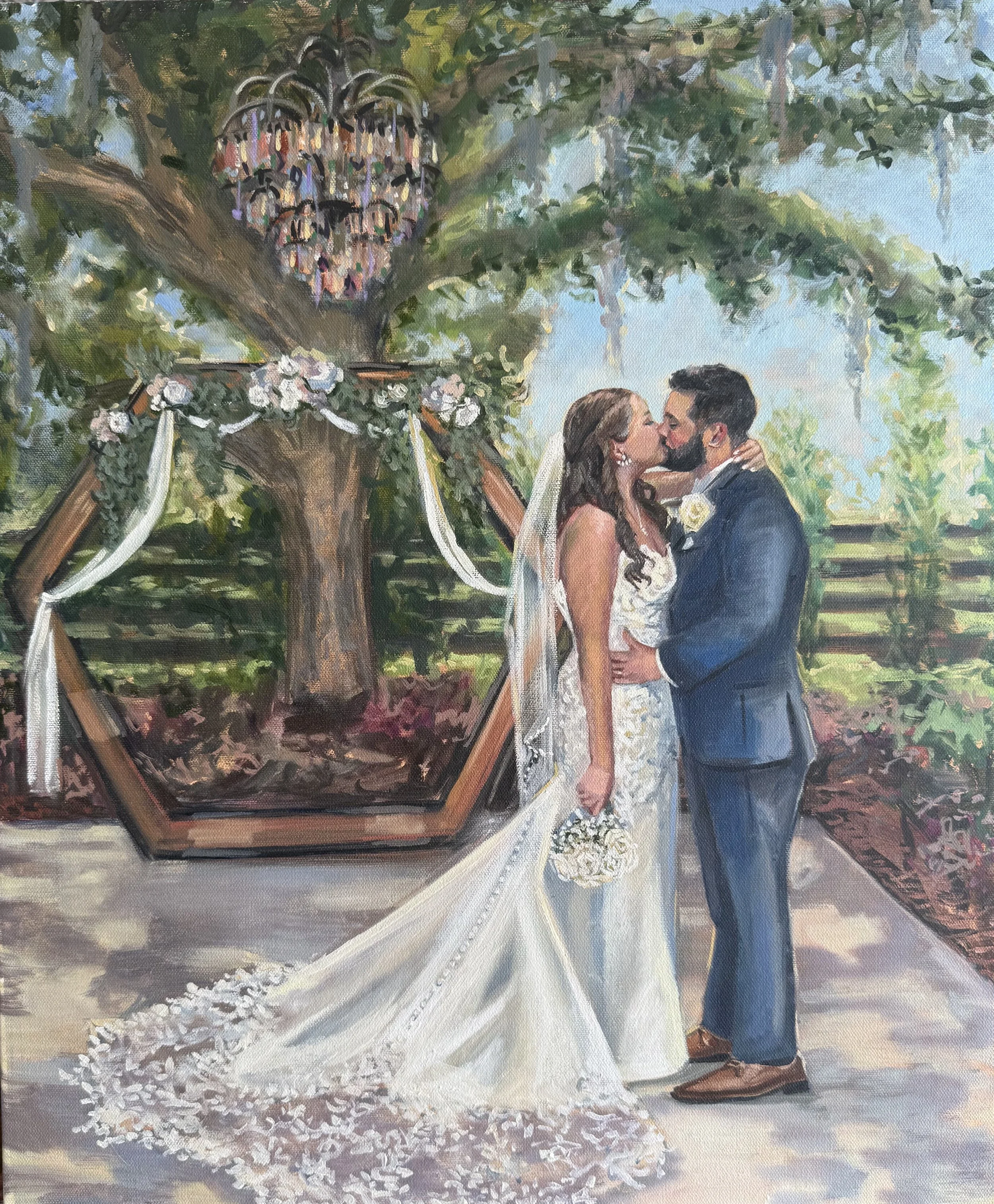 Painting of a bride and groom standing outdoors on their wedding day, with a wedding alter and tree in the background.