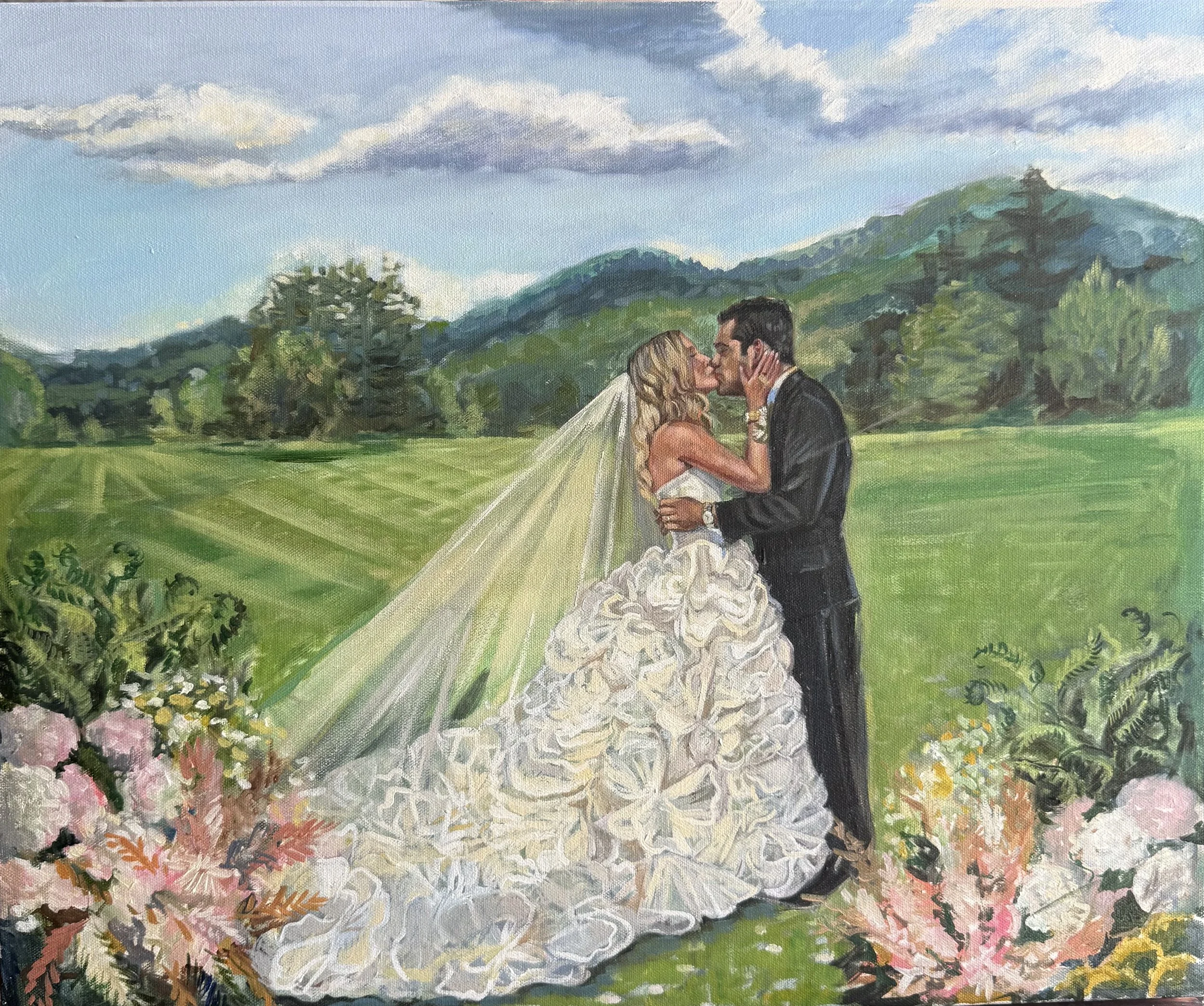 Painting of a bride and groom kissing in a field with mountains in the background surrounded by pink flowers.