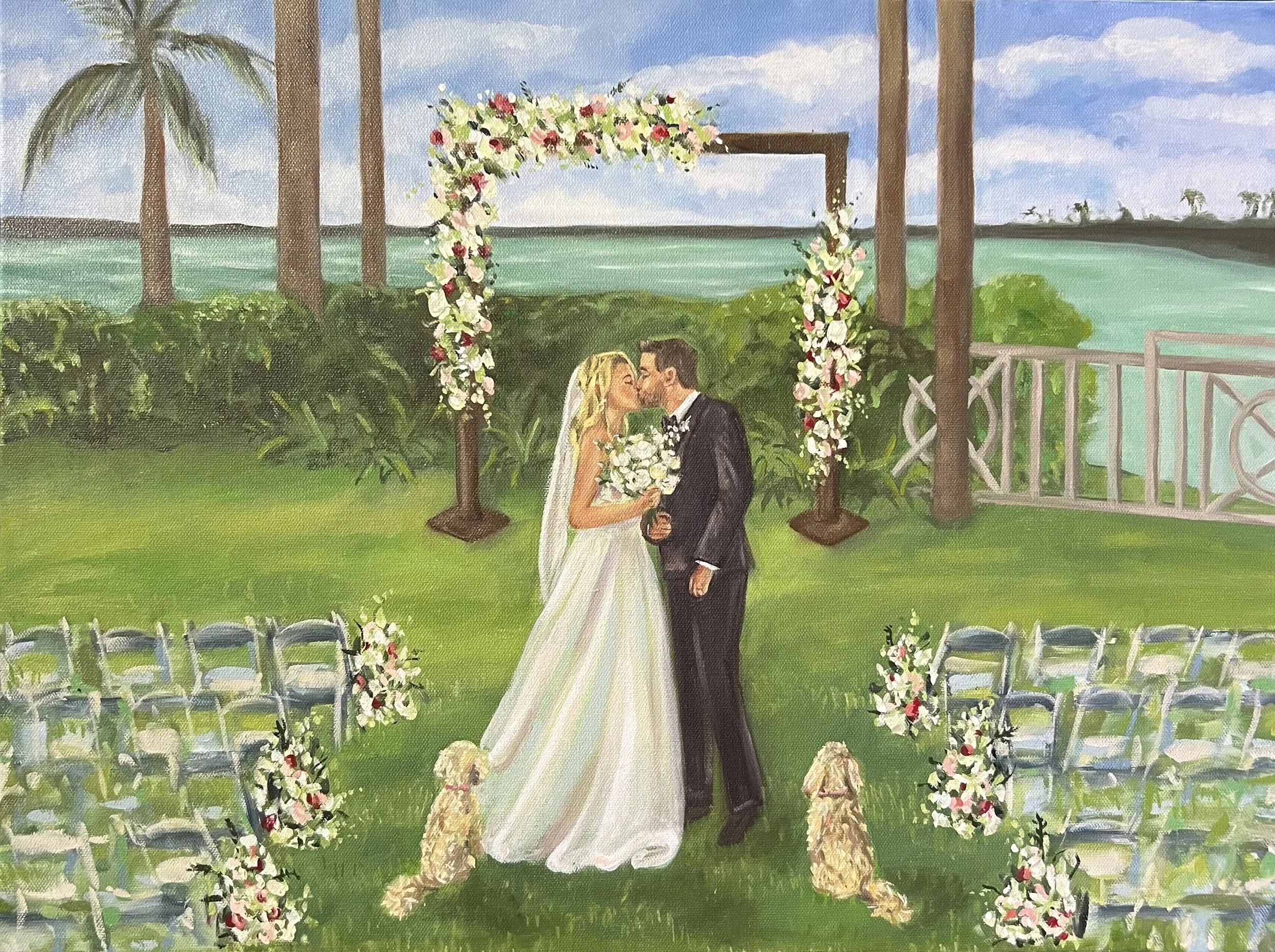 Painting of a bride and groom kissing during their outdoor wedding ceremony, decorated with floral arrangements, with a view of water and palm trees in the background.