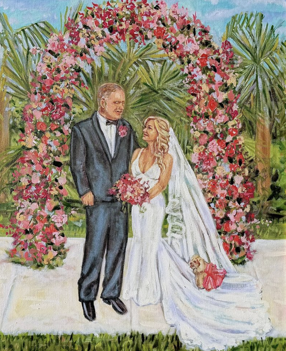 A painting of a bride and groom standing under a floral arch, with the bride holding a bouquet and a small dog at her side, set outdoors with green tropical plants and a blue sky.