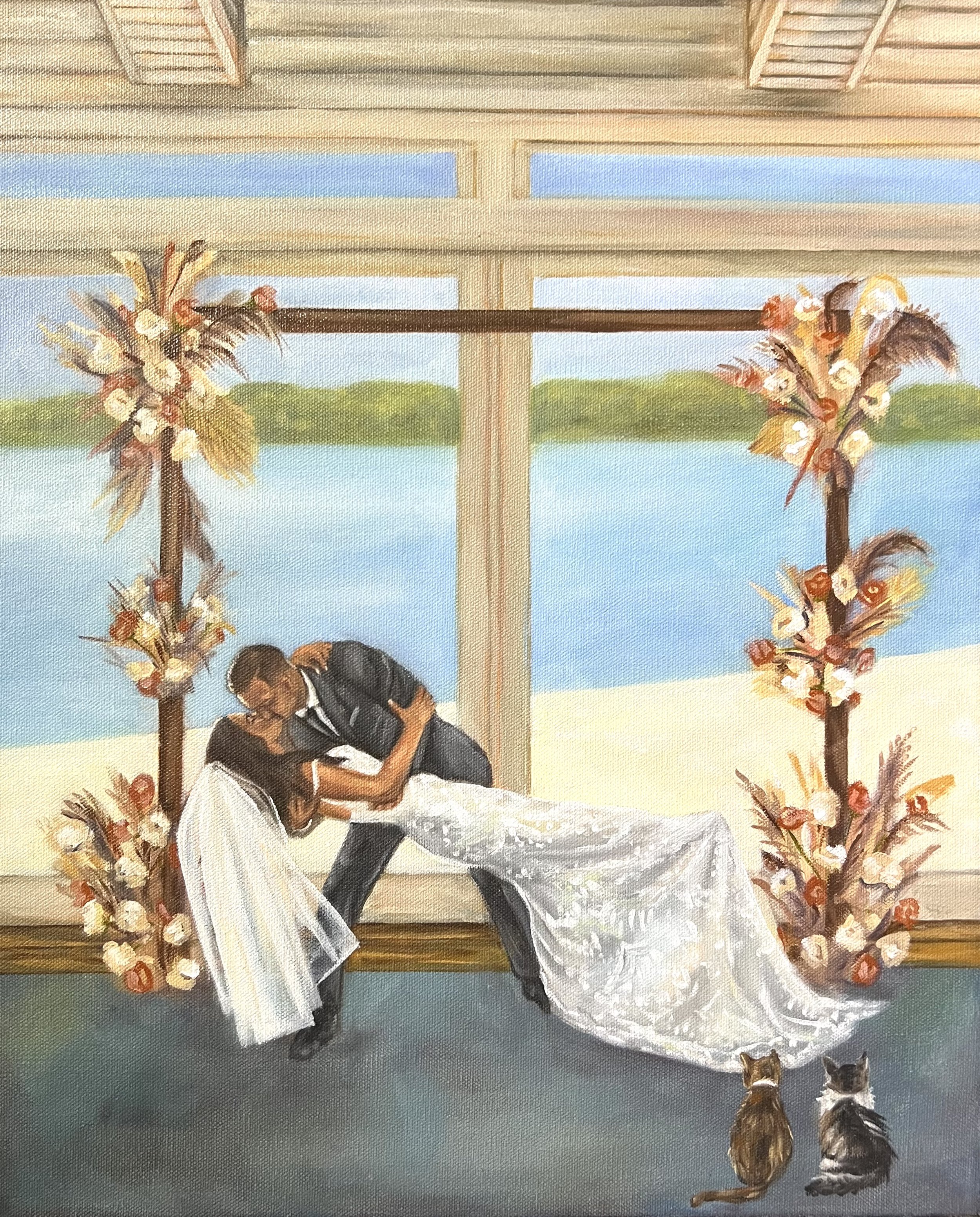 Painting of a couple kissing during their wedding, with a riverside view through large windows, decorated with floral arrangements, and two cats watching.