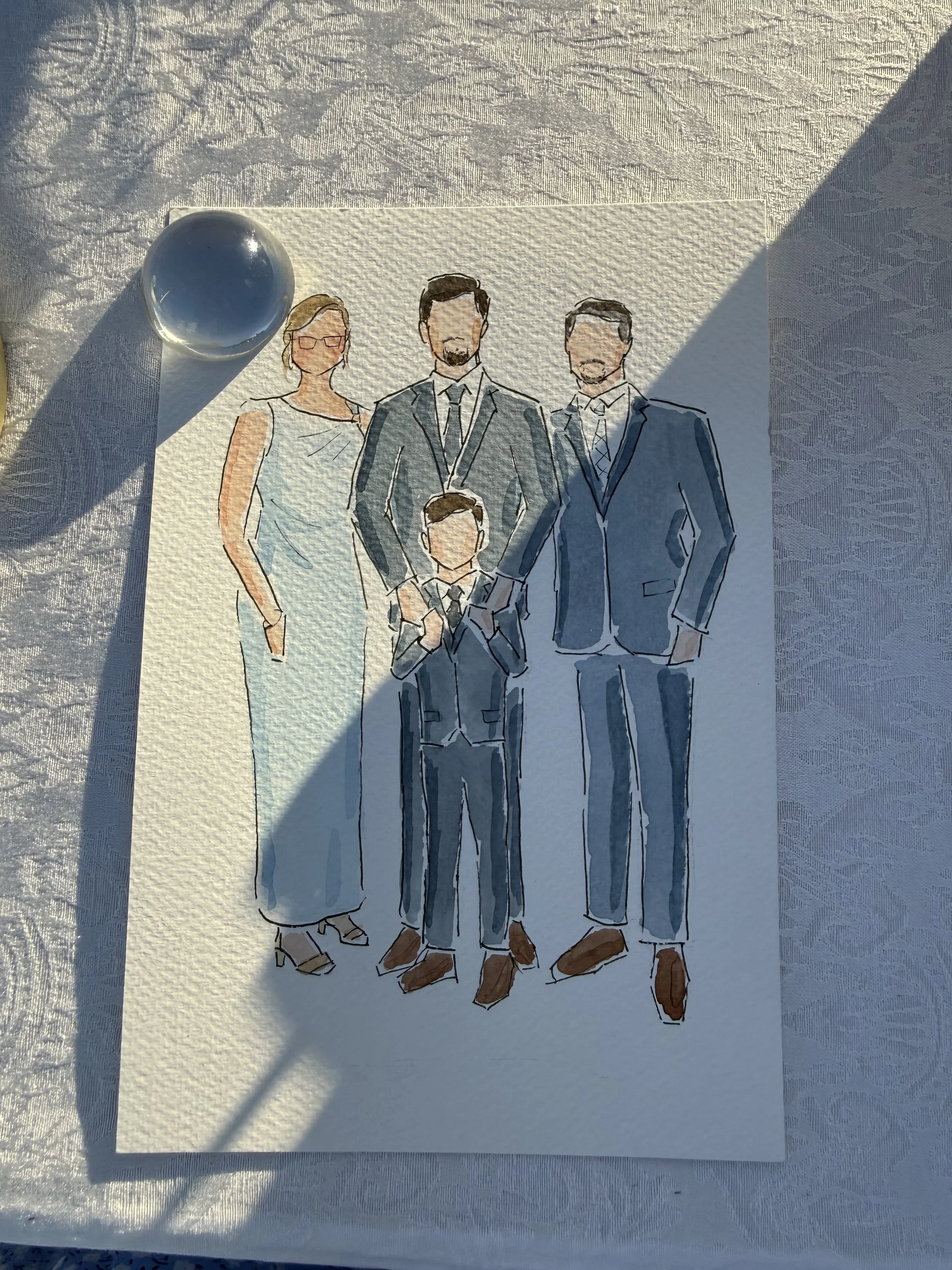A watercolor illustration of five professionally dressed people, three men and two women, standing together. One person is seated in front, all with blurred faces, on a textured white background illuminated by sunlight.