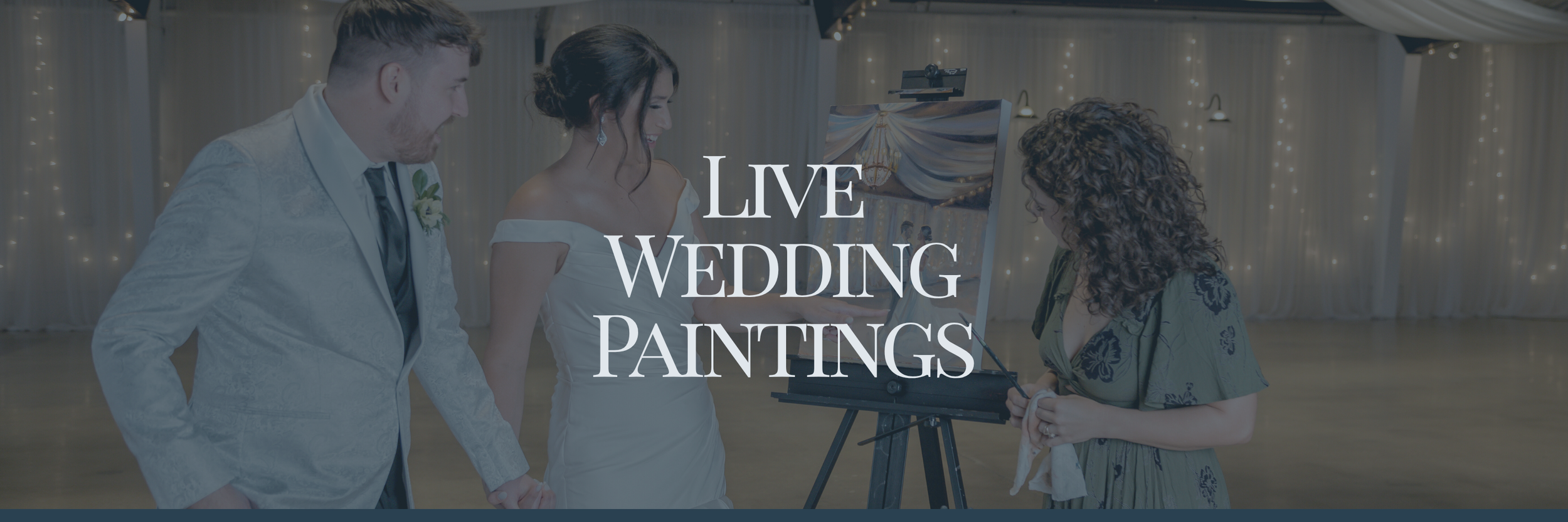 Bride and groom watching an artist paint their wedding portrait at a wedding reception, with a sign that reads "Live Wedding Paintings" in the background.