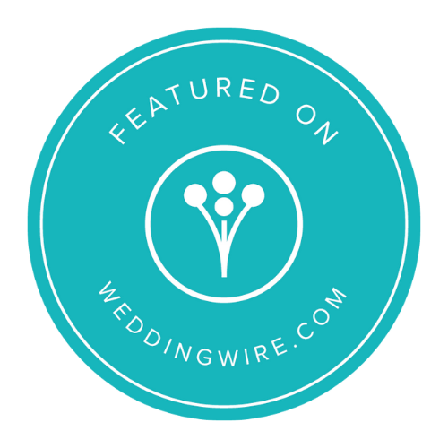 A blue circular badge that says 'Featured on WeddingWire.com' with a stylized flower icon in the center.