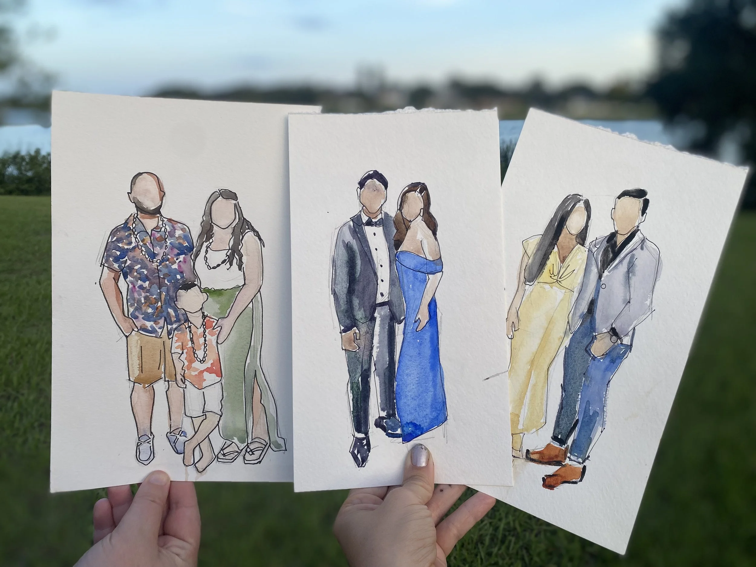Watercolor illustrations of couples and families, each dressed in summer and formal attire, held up outdoors.