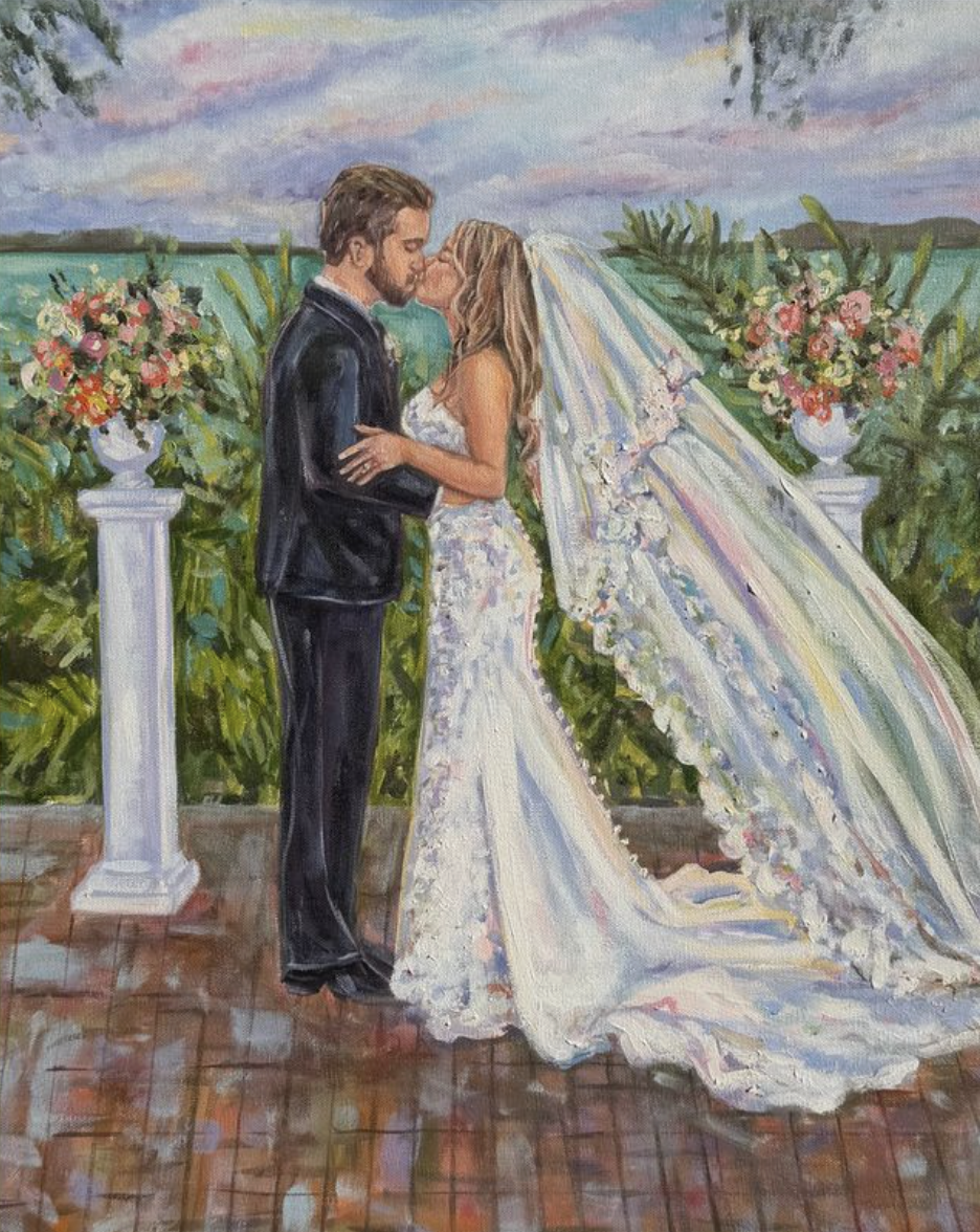A painting of a bride and groom kissing outdoors on their wedding day, with floral arrangements and a cloudy sky in the background.
