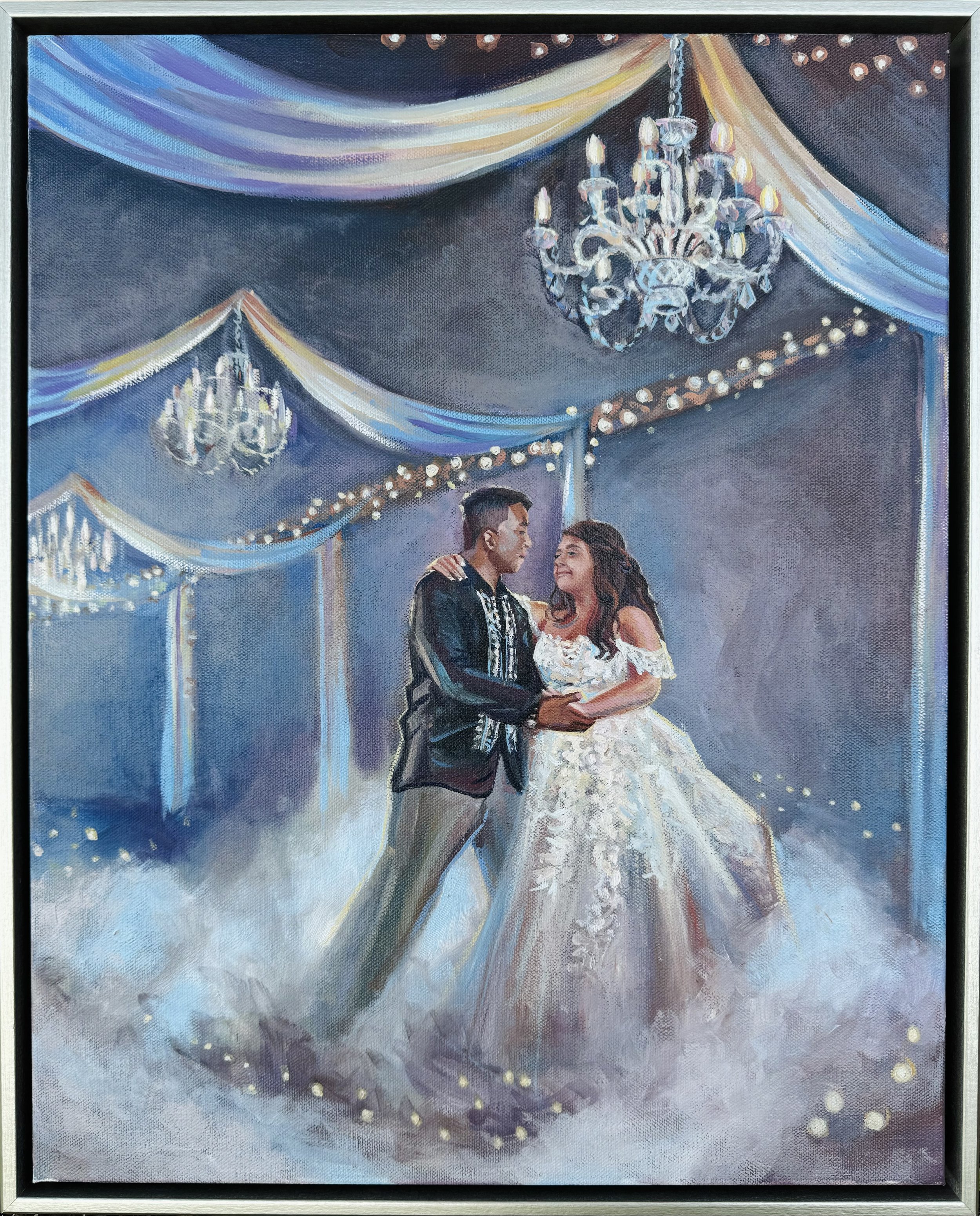 A painting of a couple dancing at a wedding reception under chandeliers and string lights, with draped fabric decorations overhead.