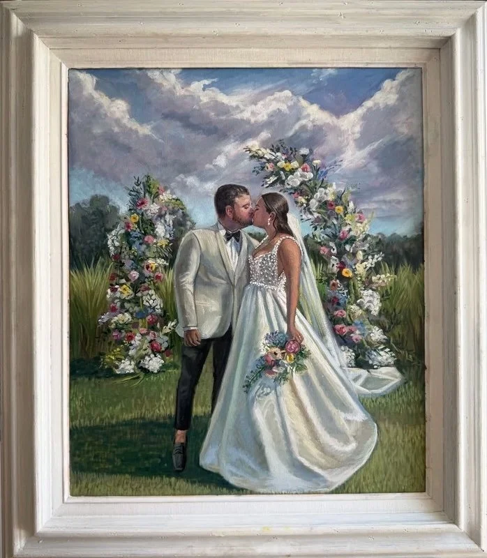 Painting of a bride and groom kissing outdoors, with a large floral arch and cloudy sky in the background.
