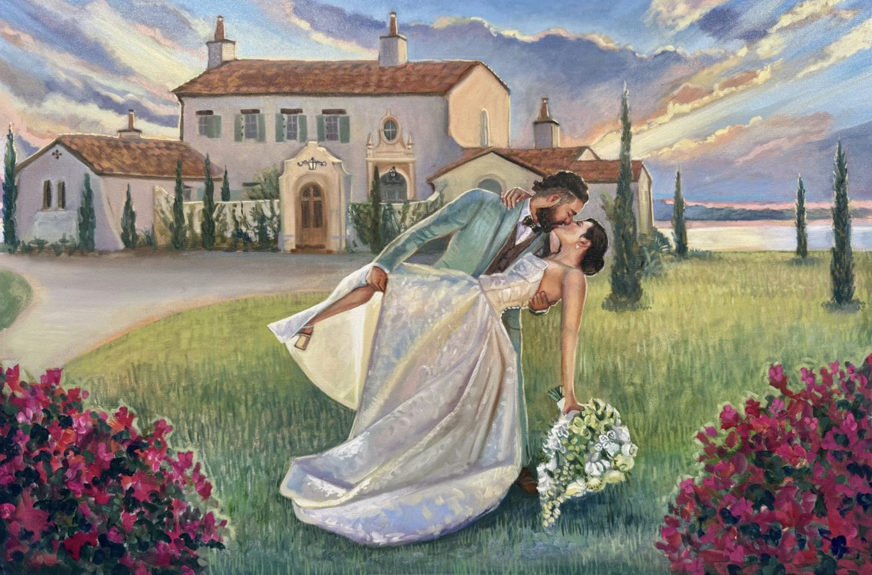 A romantic scene of a man in a suit dipping a woman in a wedding dress for a kiss outside a large house with a sunset background.