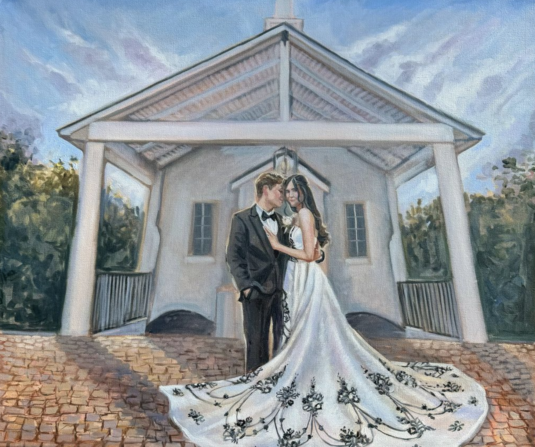 A painting of a bride and groom standing under a white gazebo during their wedding. The bride wears a white wedding dress and the groom a black tuxedo. They are embracing and smiling, with a background of trees and a blue sky with clouds.