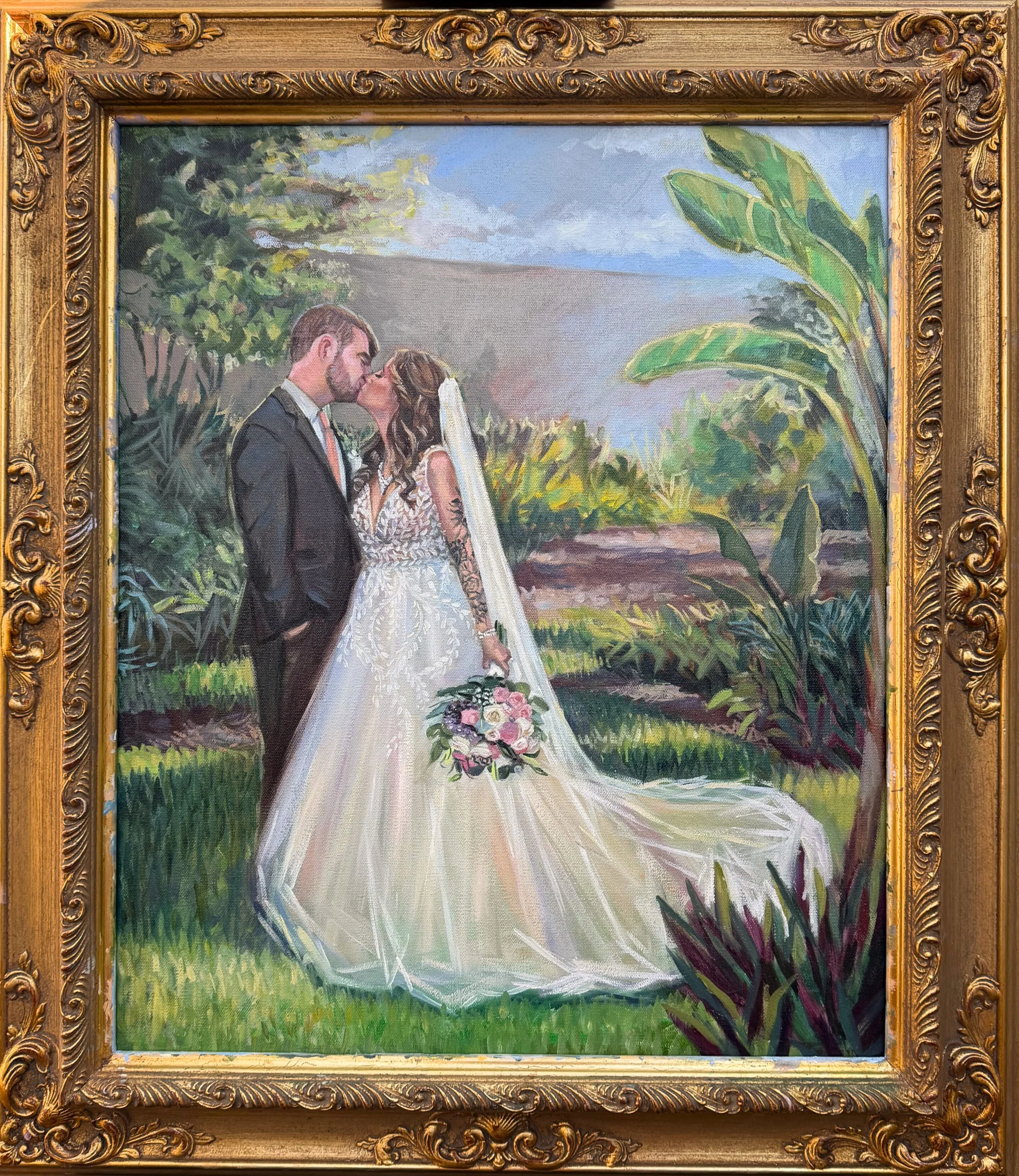Painting of a bride and groom standing outdoors on their wedding day, with a garden and rolling hills in the background.