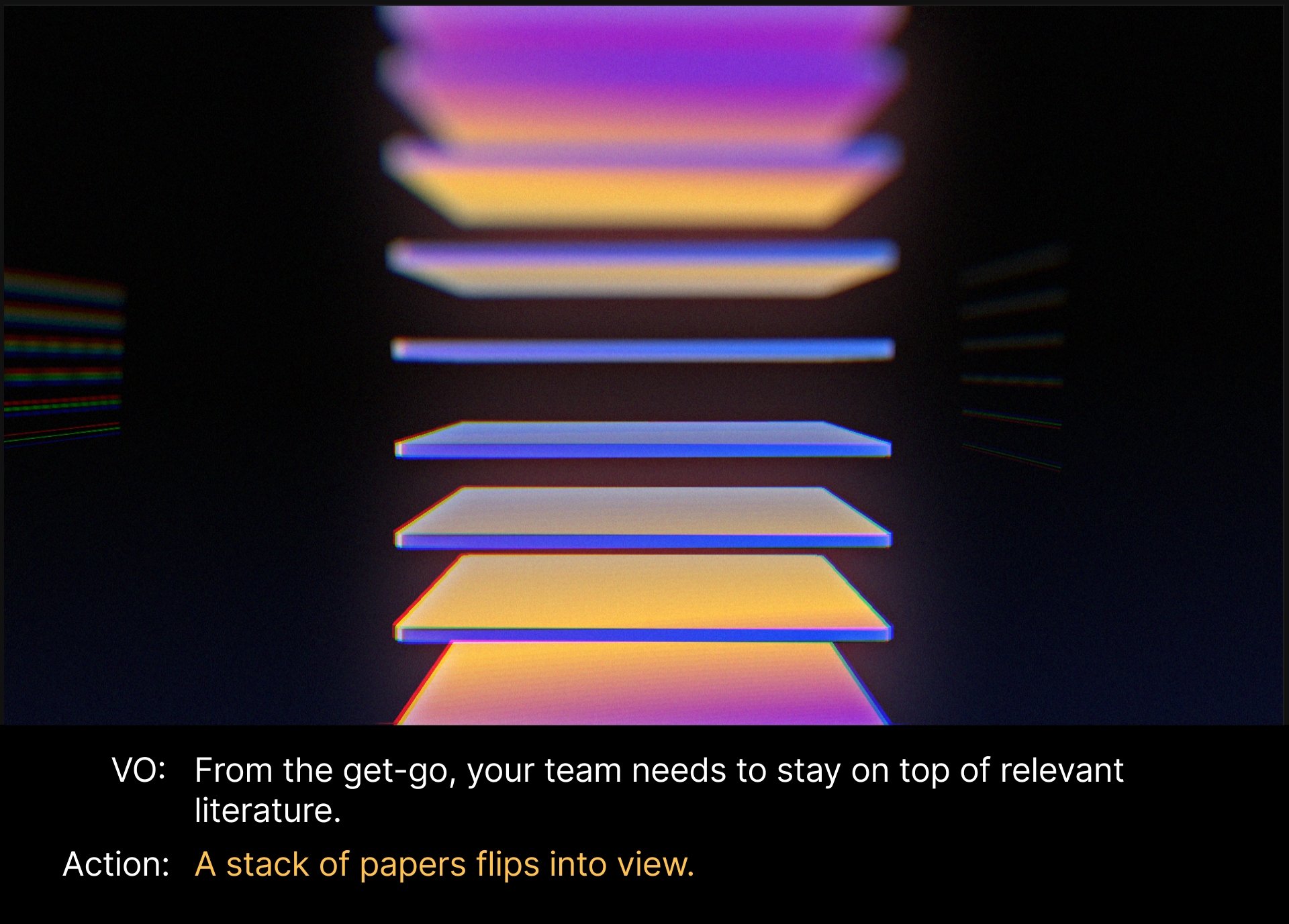 A stack of papers flipping into view against a dark background with colorful, gradient edges and a neon-like glow, illustrating a motion sequence.