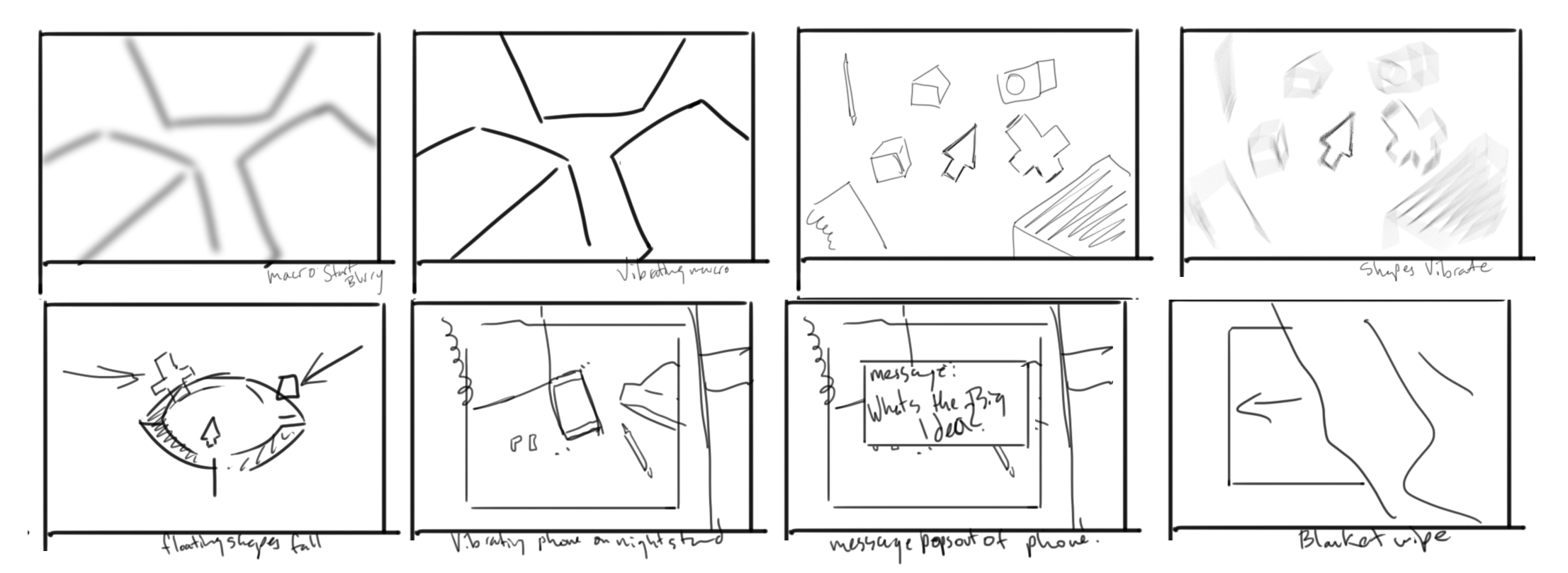 Storyboard sketches demonstrating concepts of visual vibration, including blurry shapes, vibrating lines, and shaking objects, with annotations like "macro start blurry," "vibrating move," and "shapes vibrate."