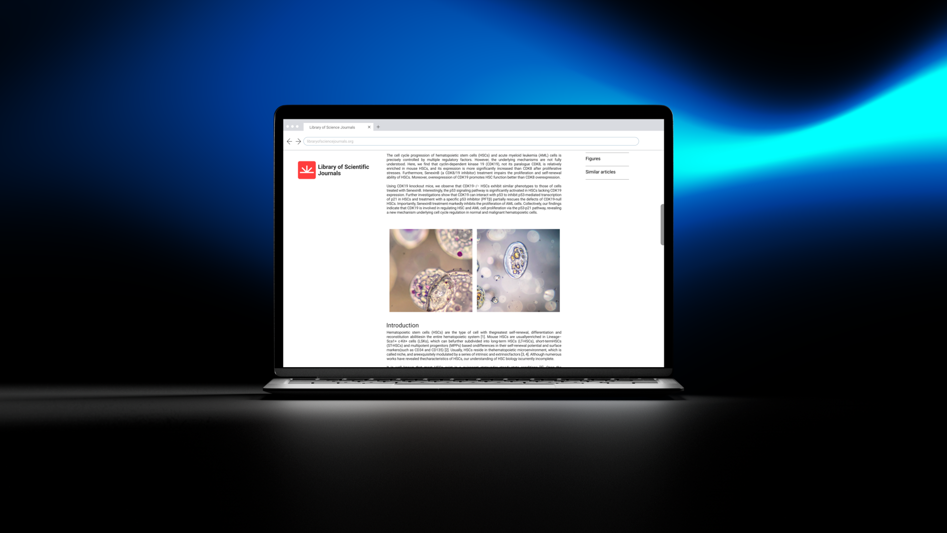 Laptop displaying a scientific journal webpage with text and two microscopy images, set against a dark background with blue light accents.