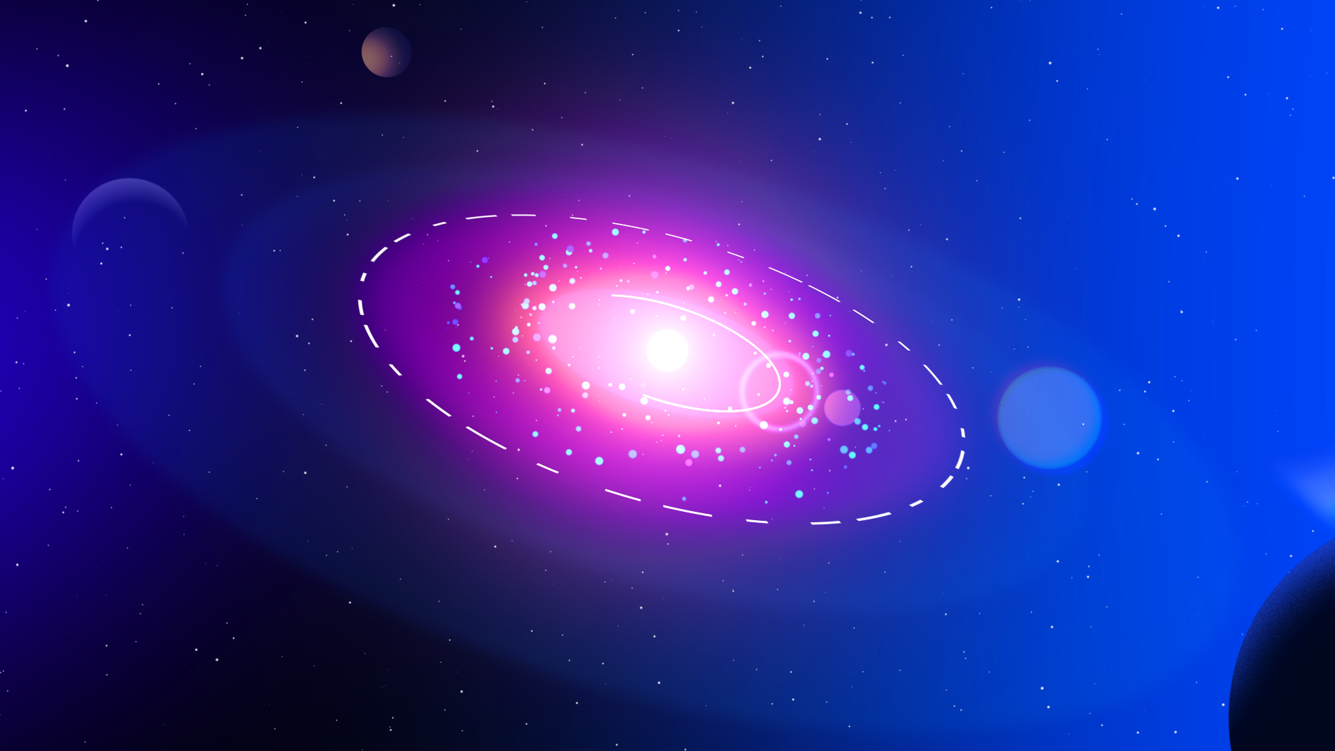 Digital illustration of a galaxy or nebula in deep space with a bright center, surrounded by colorful stars, planets, and cosmic dust.