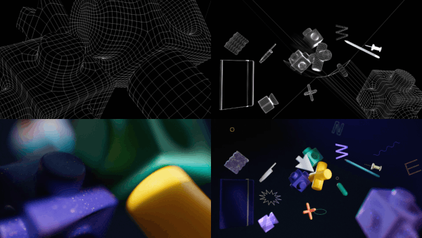 Collage of technological and digital images, including 3D wireframes of objects, electronic components, and colorful abstract shapes and symbols.