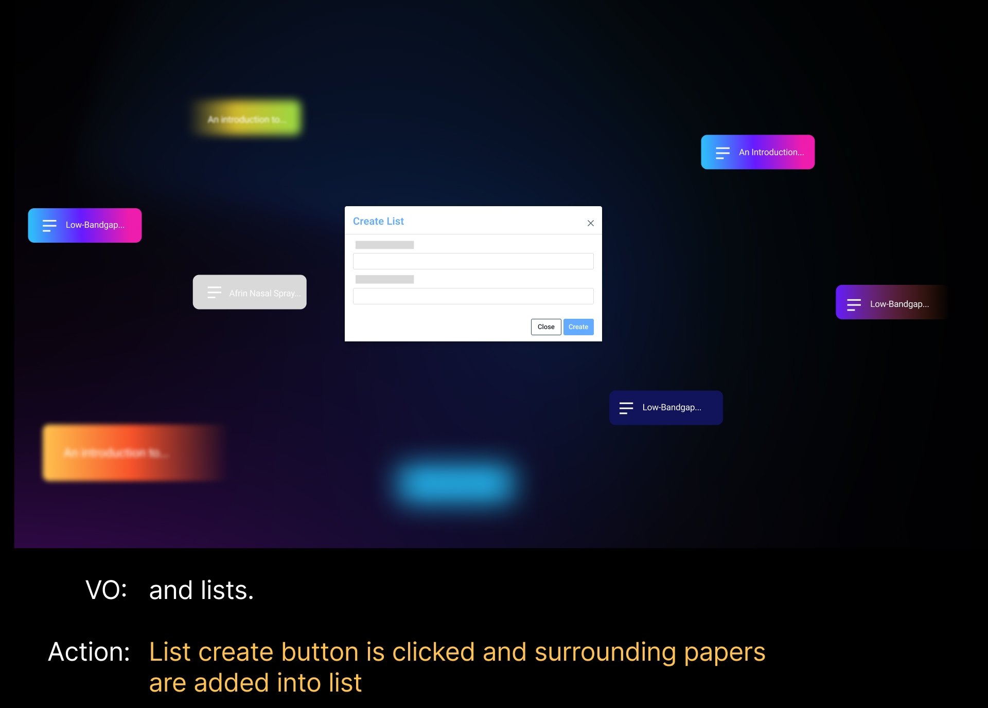A digital interface with a central window titled 'Create List' showing form fields and buttons, surrounded by colorful blurred papers with placeholder text such as 'Low-Bandgap...' and 'An introduction...'.