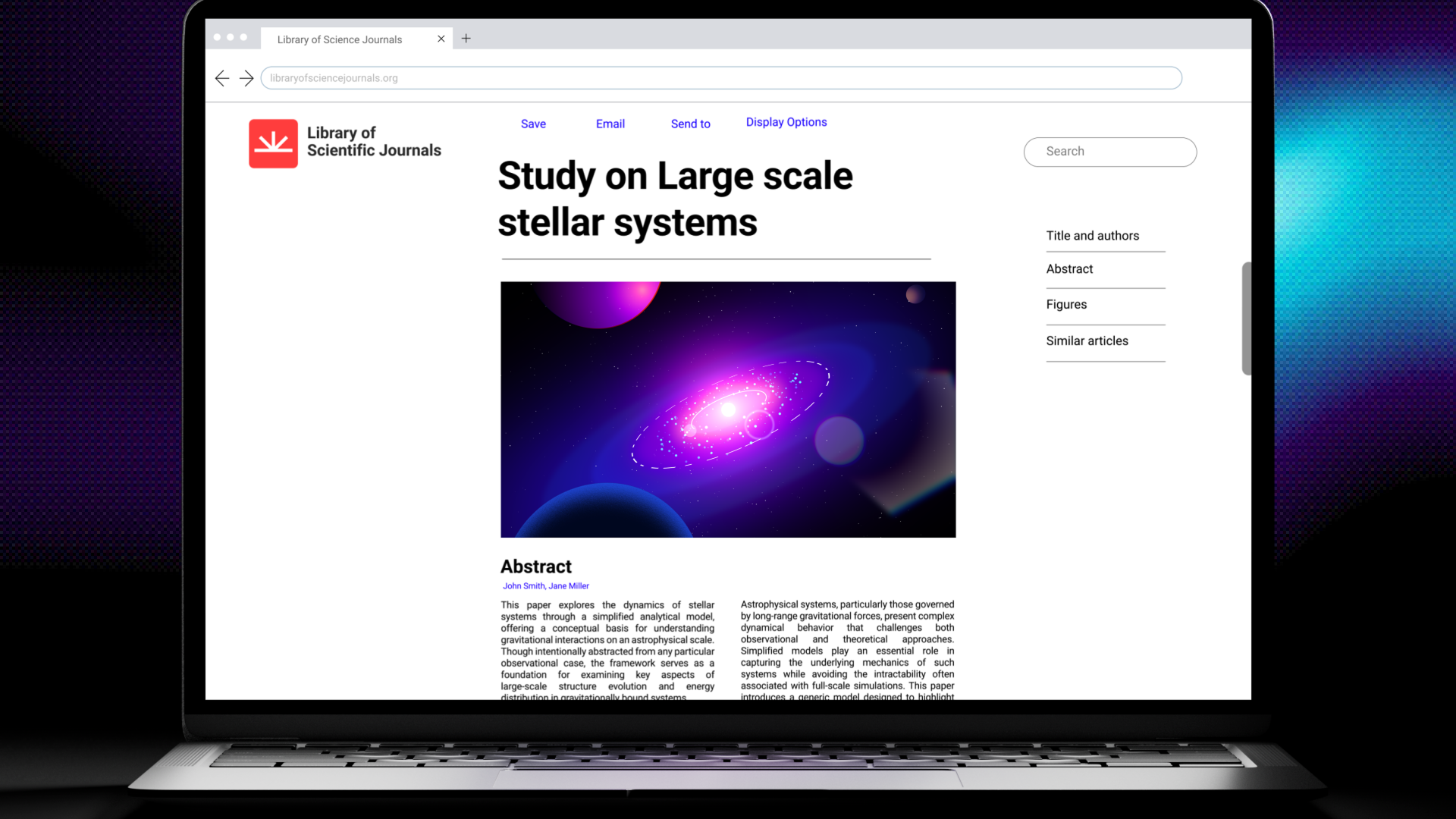 Laptop screen displaying a scholarly article titled "Study on Large scale stellar systems" with an animated space-themed illustration showing a galaxy and planets.