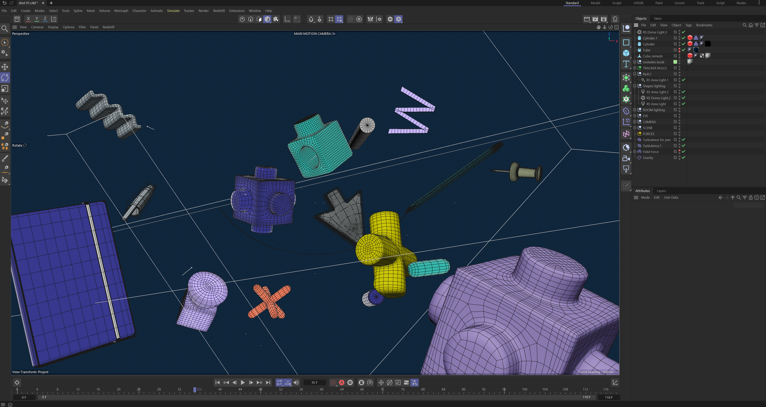 A 3D modeling software interface displaying various colored and wireframe 3D objects, including geometric shapes, screws, and arrows, with a dark background and multiple toolbars and panels.