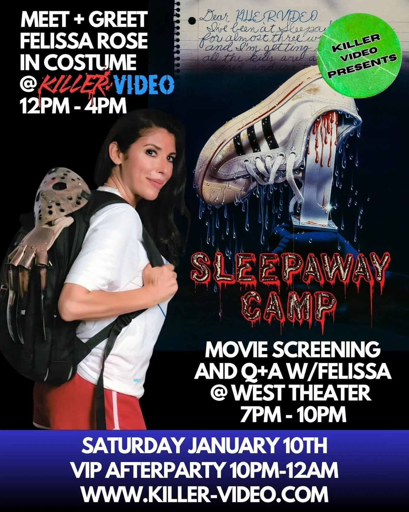 Start the New Year with a Double Dose of Horror Fun! 🔪 

Join us for TWO exclusive events featuring the one and only Felissa Rose:

1. Exclusive Meet &amp; Greet at Killer Video
Start the day with a one-of-a-kind, in-costume photo opportunity and a 