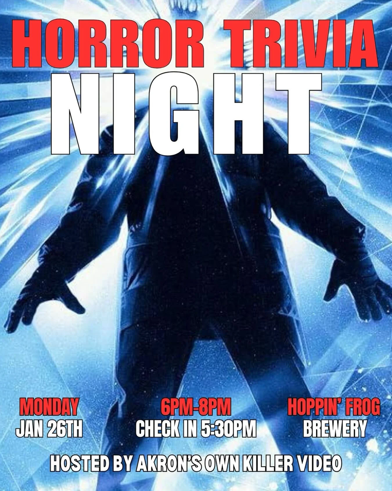 Please join us for our monthly horror trivia night at The Hoppin&rsquo; Frog Brewery in Akron, Ohio on Monday, January 26th from 6PM-8PM. Check in begins at 5:30PM, Game starts promptly at 6PM. Prizes awarded for 1st-3rd place in both rounds, plus do