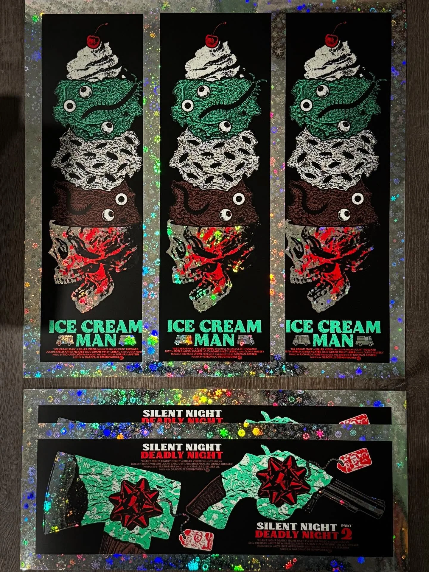 Dropping these limited edition holo screen prints Friday at Horror Realm! The Ice Cream man himself and all the Santas from Silent Night Deadly Night will be there to sign them. We collaborated with the phenomenal Chris Garofalo to create these beaut