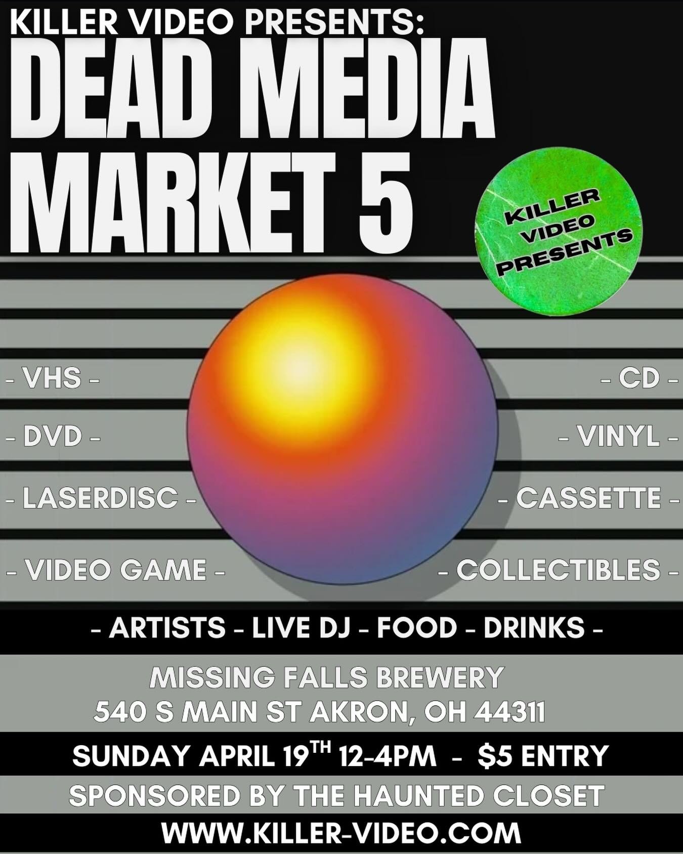The Dead Media Market Returns for Round 5!

Killer Video is amped to announce the fifth installment of the Dead Media Market on April 19th! After a record-breaking Valentine&rsquo;s Weekend crowd of over 550 physical media fanatics, we&rsquo;re level