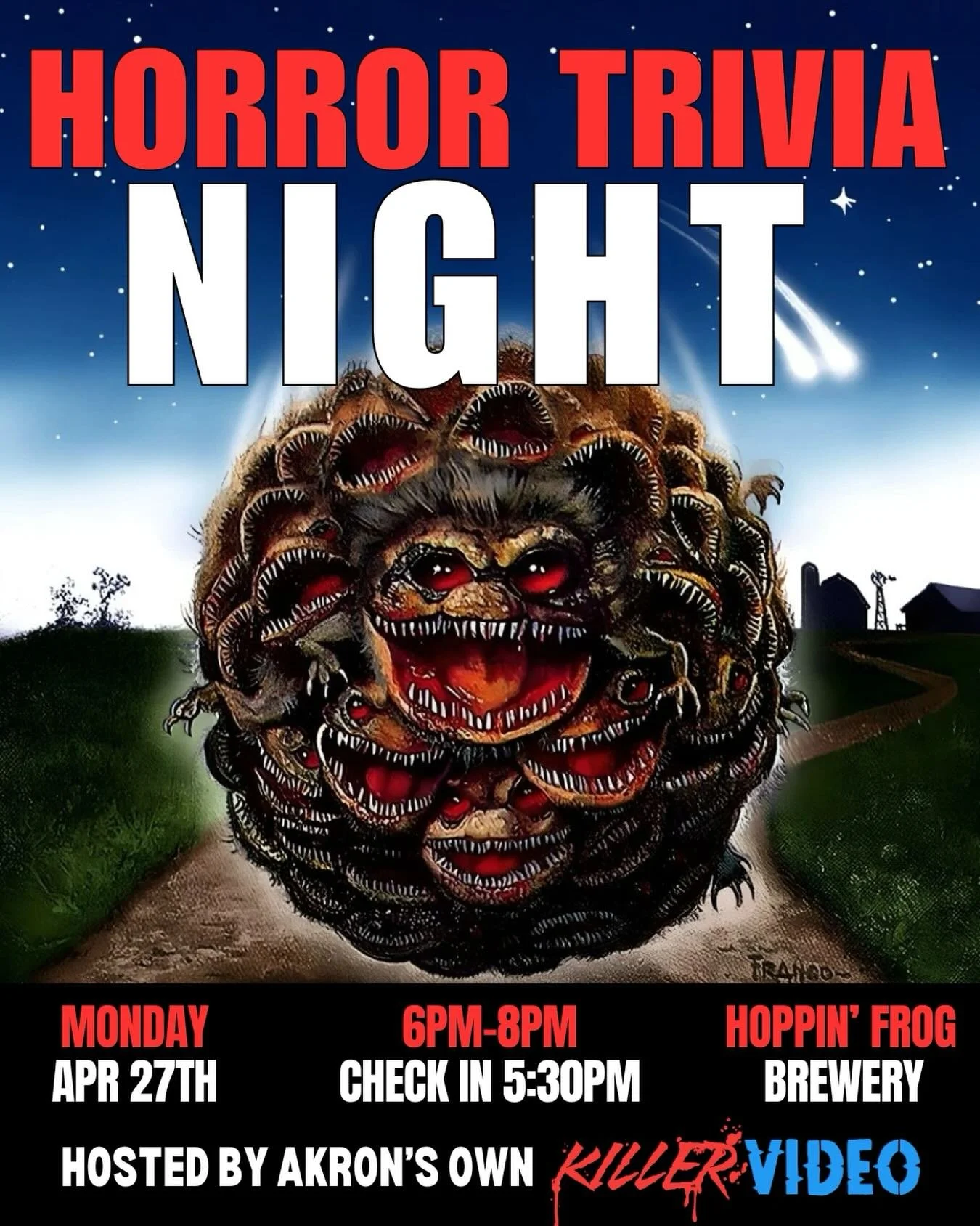 Please join us for our monthly horror trivia night at The Hoppin&rsquo; Frog Brewery in Akron, Ohio on Monday, April 27th from 6PM-8PM. Check in begins at 5:30PM, Game starts promptly at 6PM. Prizes awarded for 1st-3rd place in both rounds, plus door